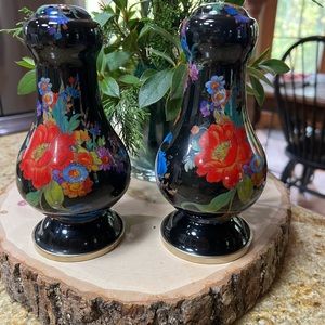 MacKenzie Childs market flower black enamel large salt and pepper set